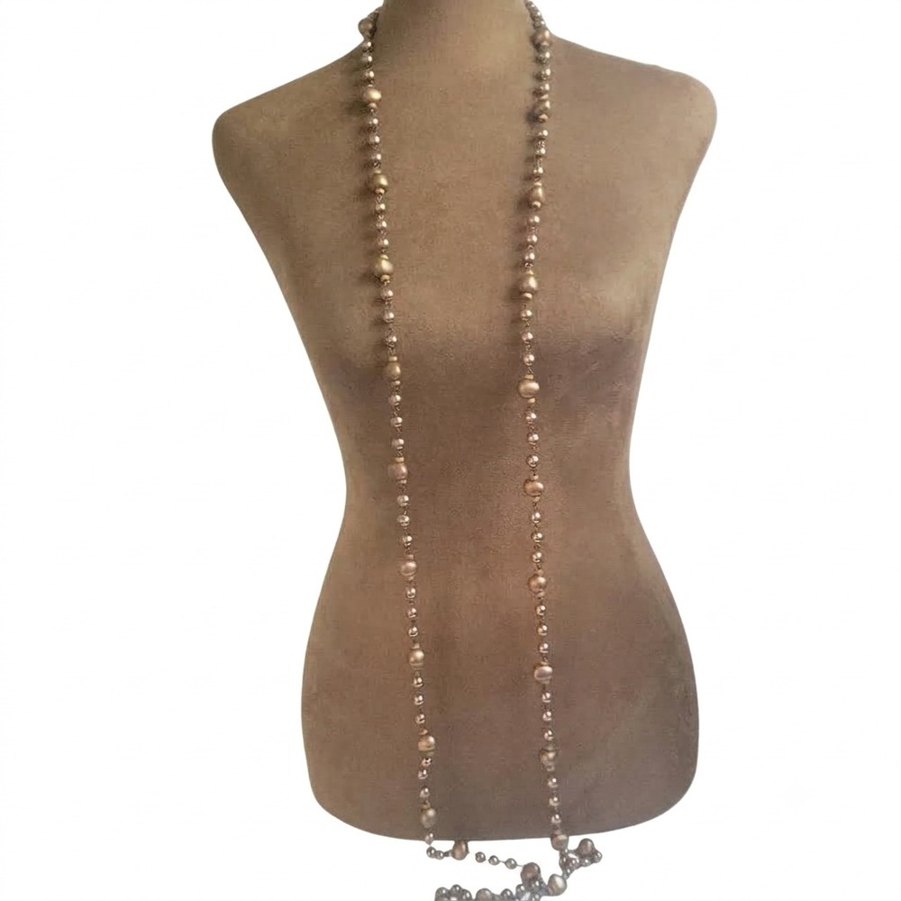 Bronze Faux Pearl Extra Long 70" Beaded Flapper Layering Necklace Cottagecore
